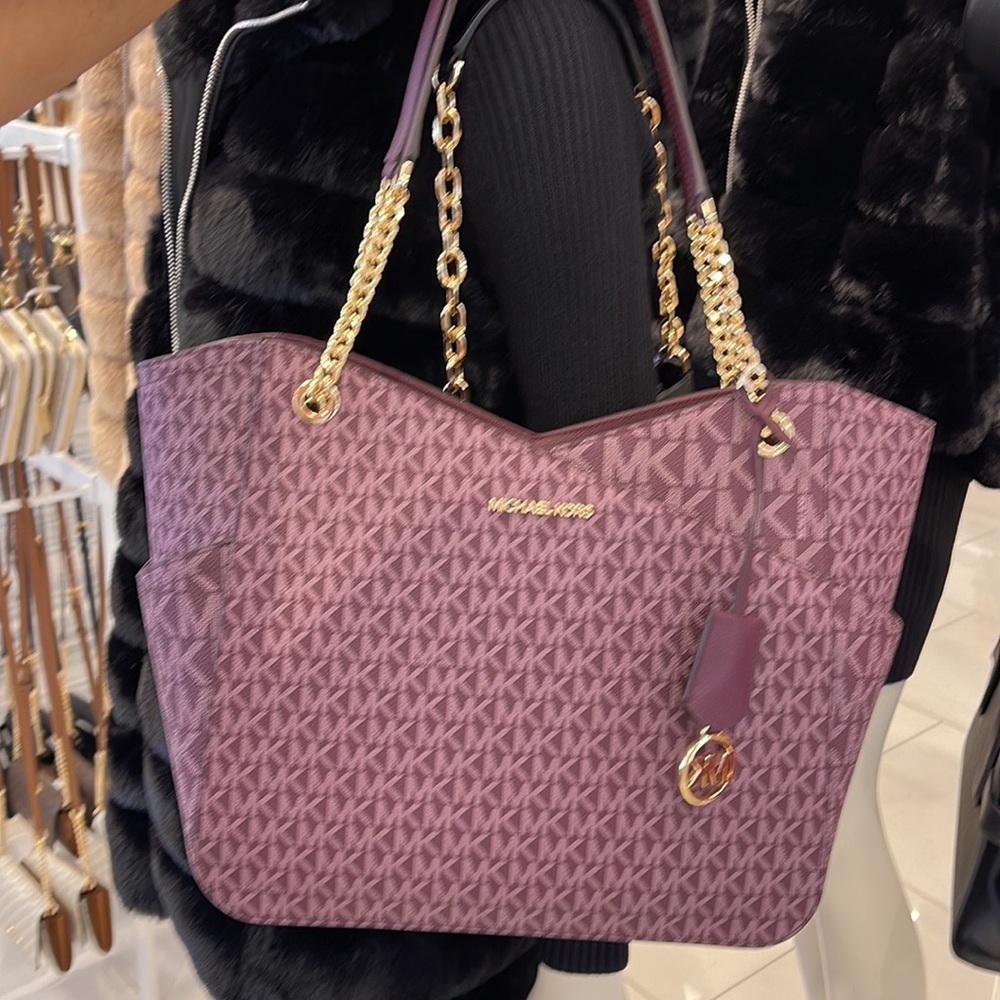 Michael Kors Jet Set Travel Large Chained Tote Shoulder Bag MK Bordeaux Multi - Picture 10 of 16